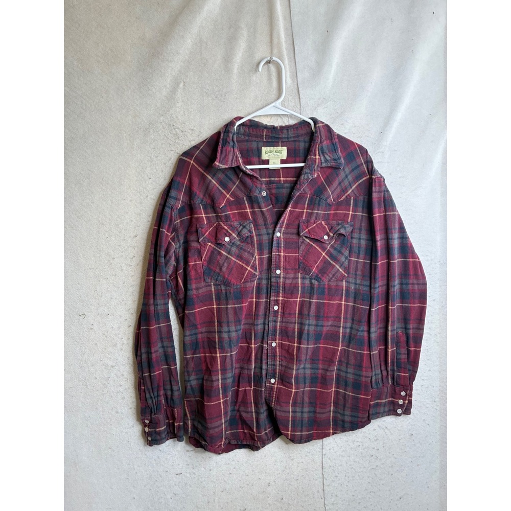 Rustic Ridge Mens XL Burgundy Plaid Flannel Pearl Snap Western Shirt Long Sleeve